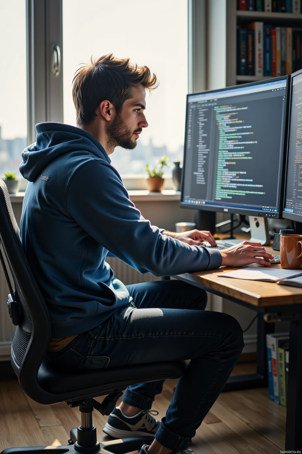 A person is sitting at a desk working on a computer with multiple monitors.