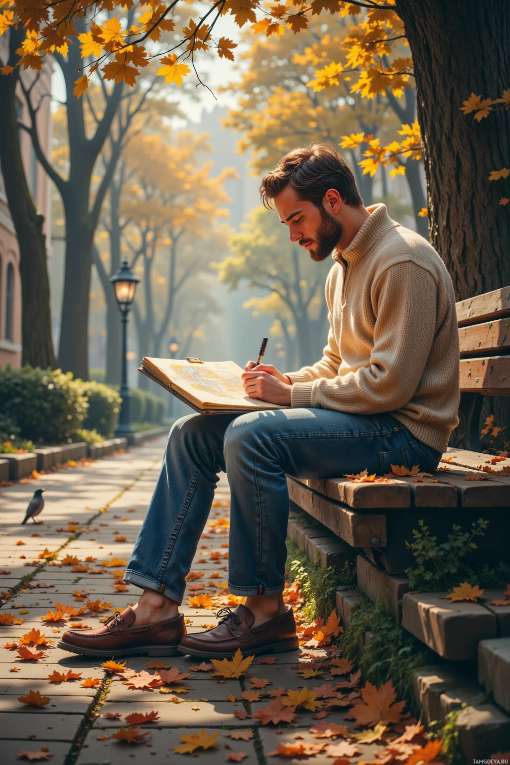 A man sits on a bench in a park, sketching in a notebook under autumn foliage.