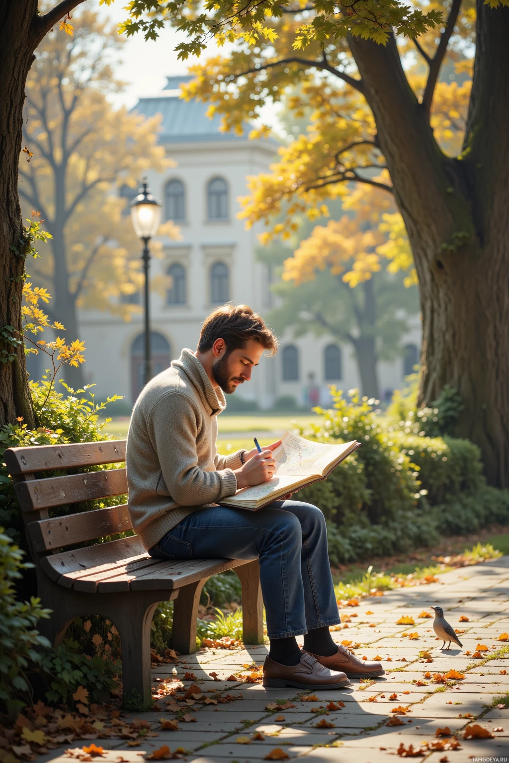 A man sits on a bench in a park, writing in a notebook.