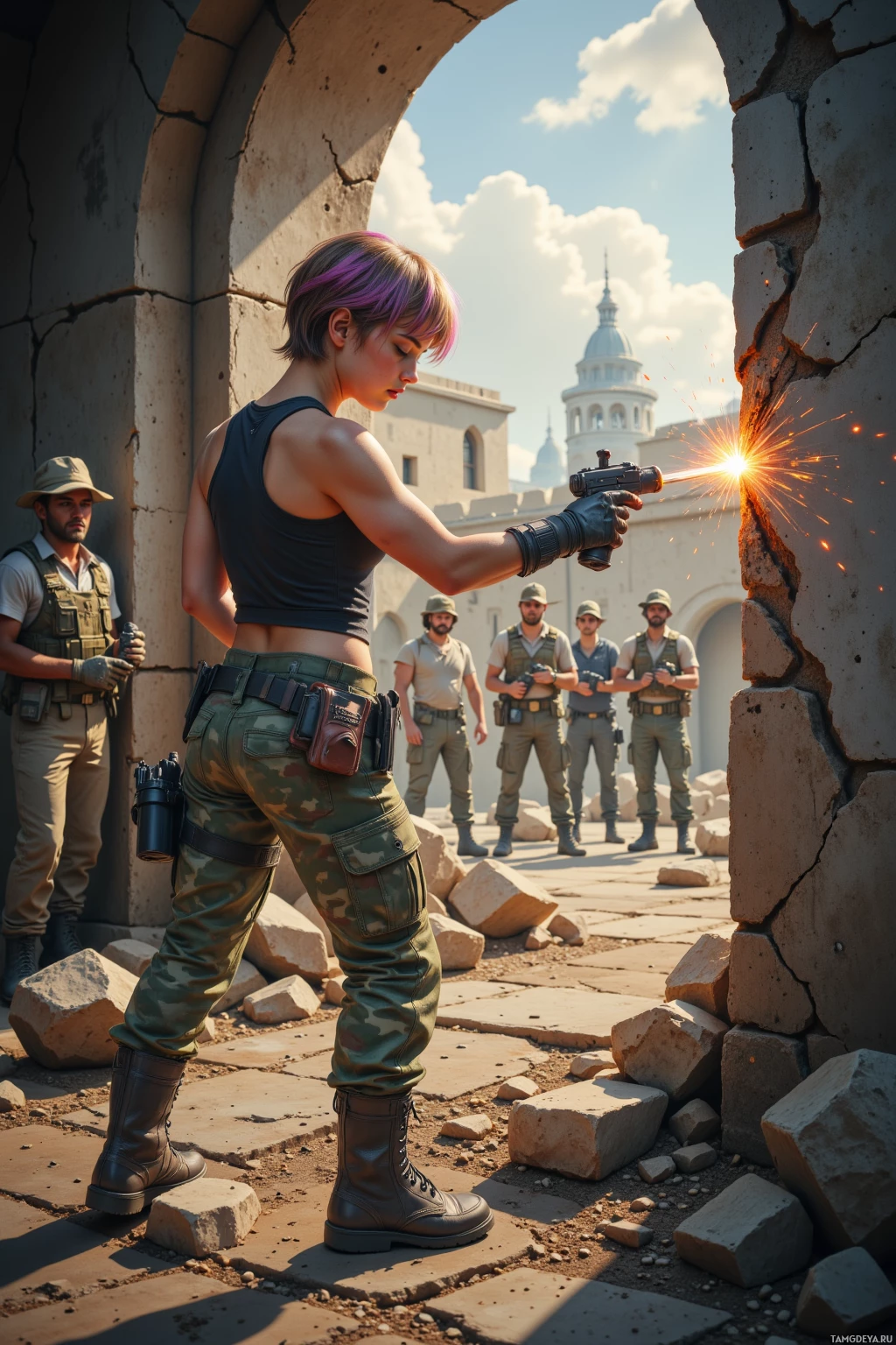 A woman in tactical gear uses a tool to cut through a stone wall as soldiers observe in the background.