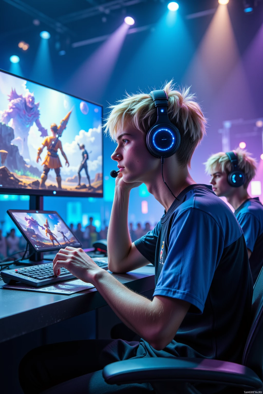 A young person wearing headphones is focused on a computer screen displaying a video game.