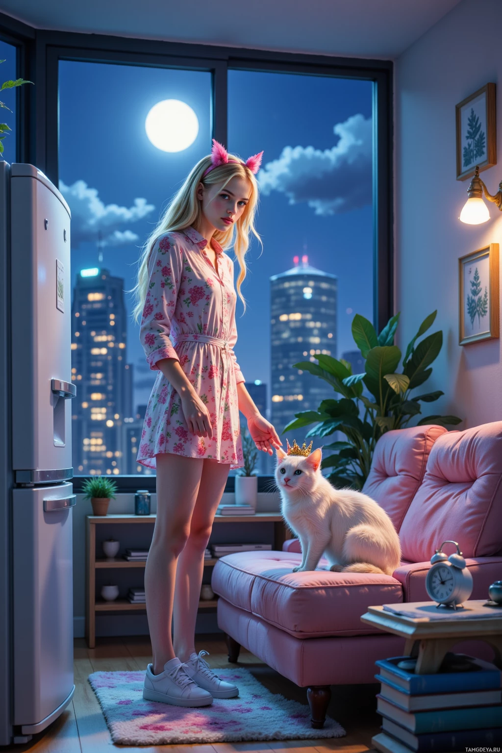 A young woman in a floral dress stands in a cozy room with a cat wearing a crown, overlooking a cityscape at night.