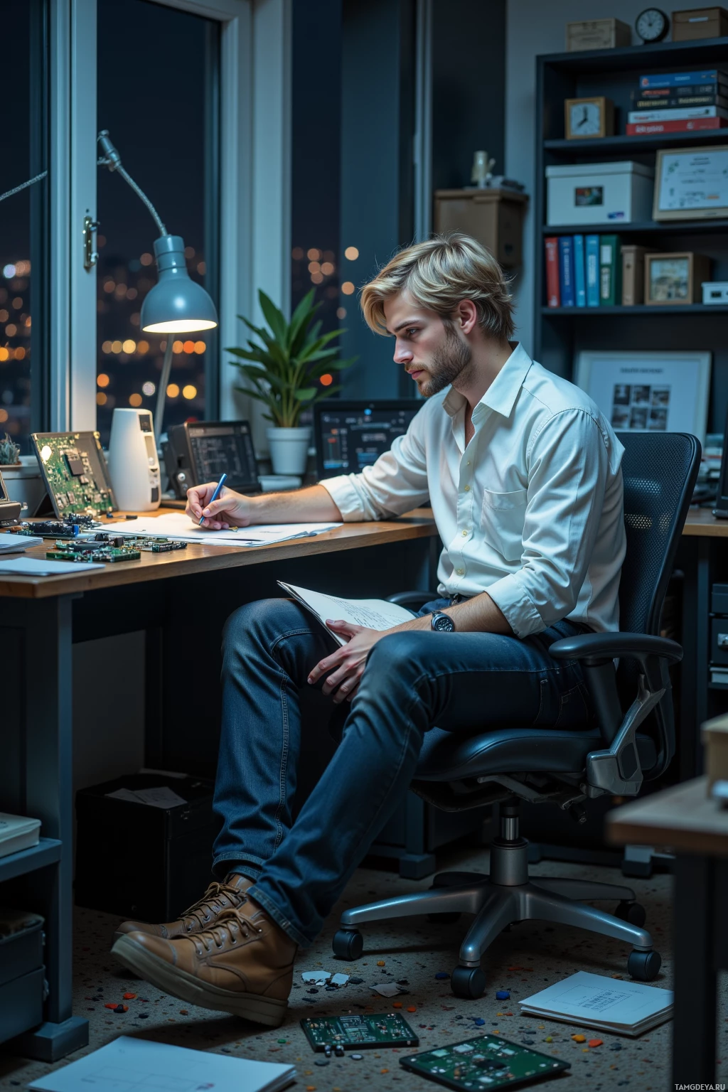 A man sits at a desk in an office, working on a laptop and taking notes.