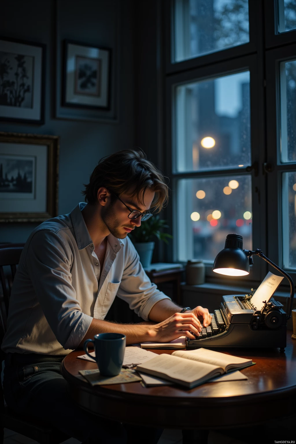 A man is typing on a typewriter at a desk by a window with city lights visible outside.