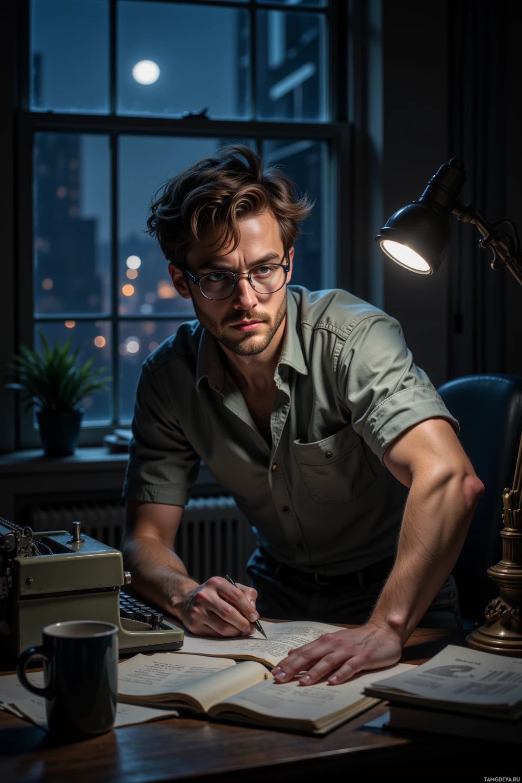 A man is writing at a desk with a typewriter, illuminated by a desk lamp, against a backdrop of a window showing a cityscape at night.