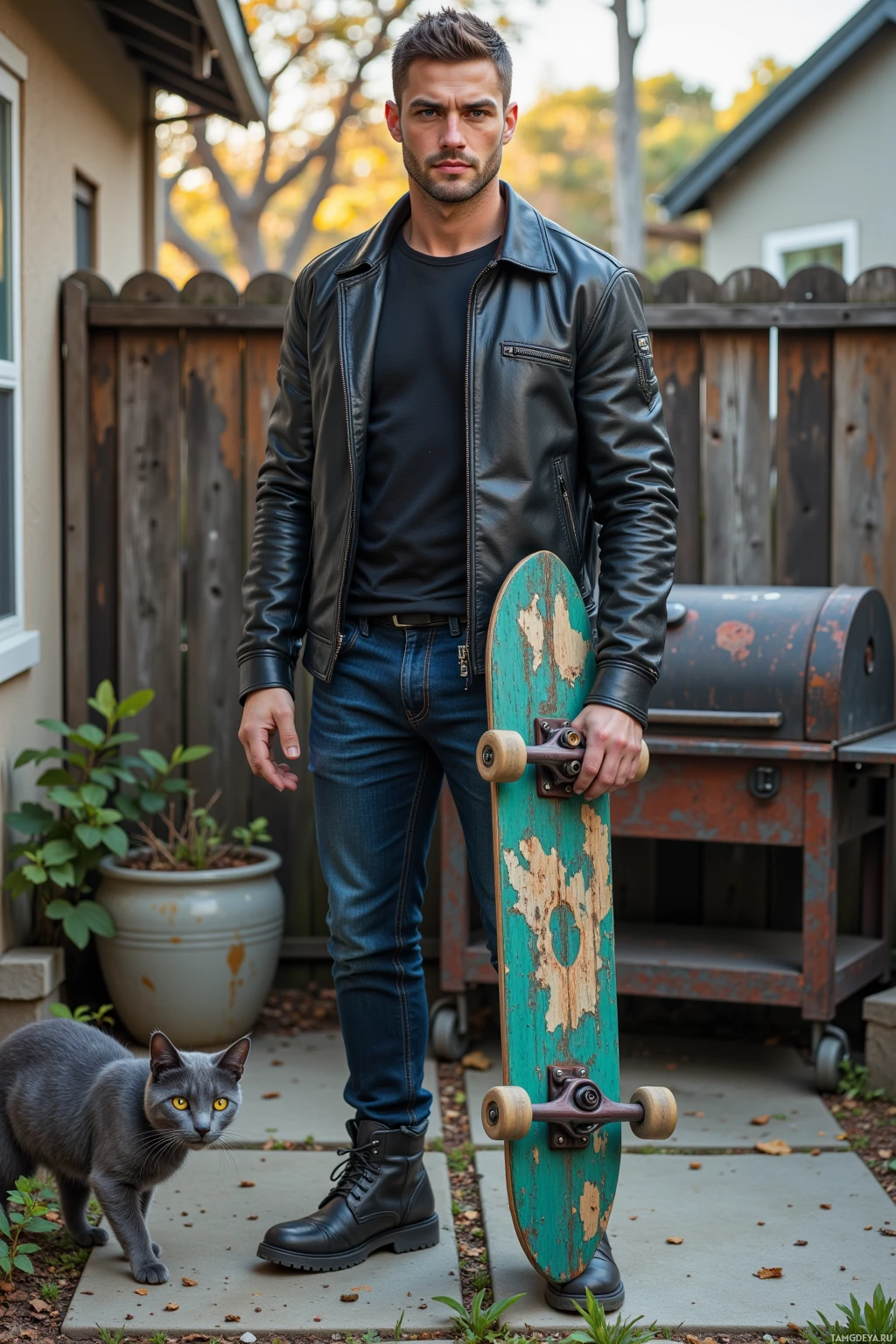 A man stands outdoors holding a skateboard, with a cat nearby.