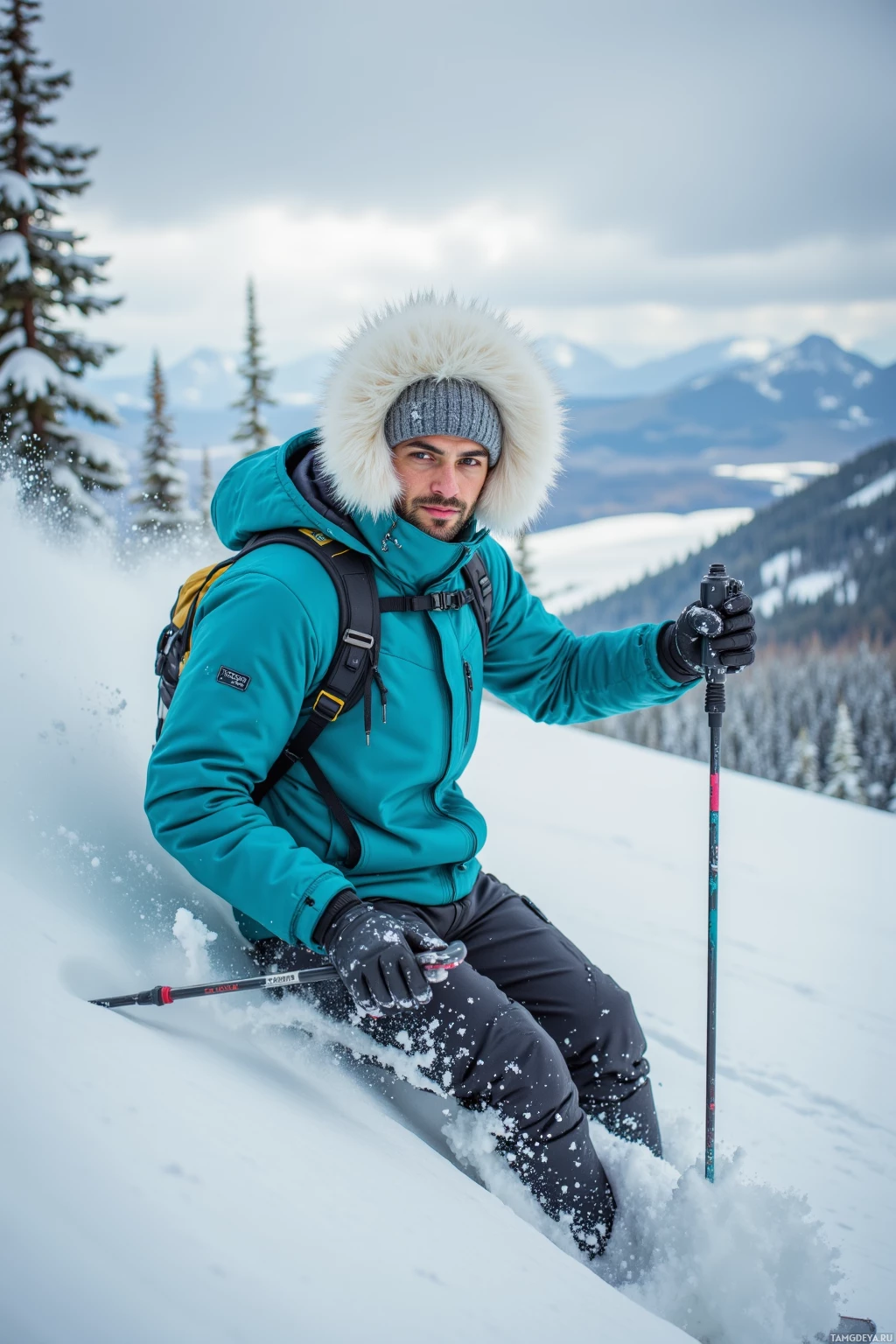 A person in winter gear is skiing on a snowy slope with a mountainous background.