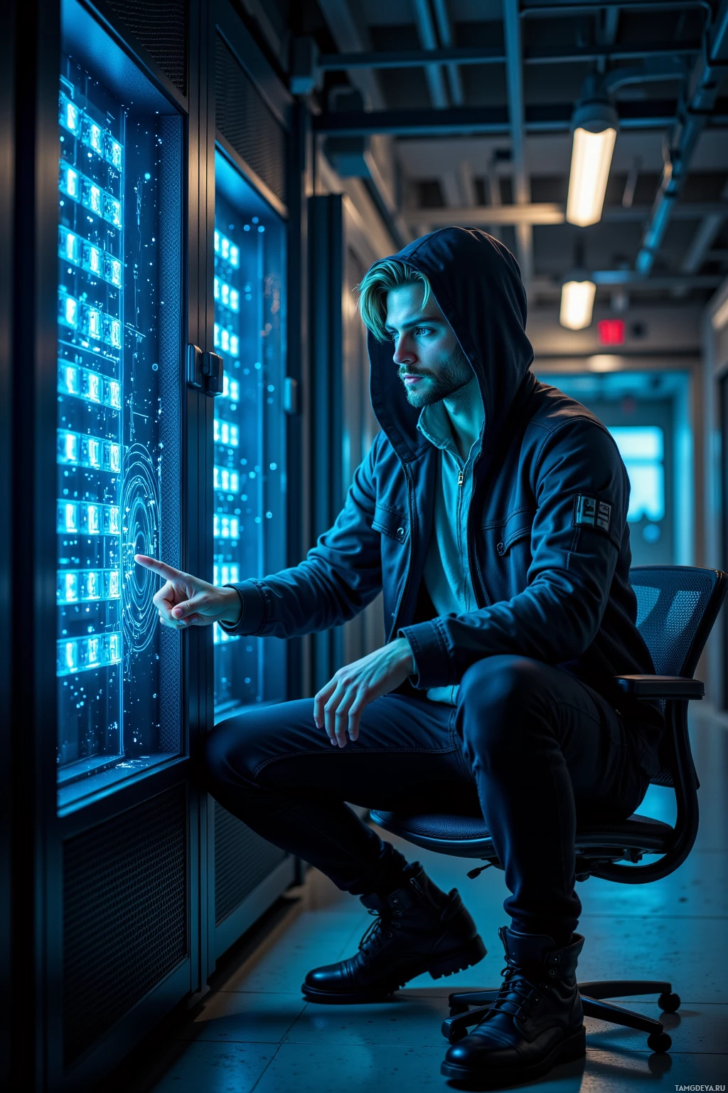 A person in a hoodie sits in a chair, pointing at a glowing server panel.