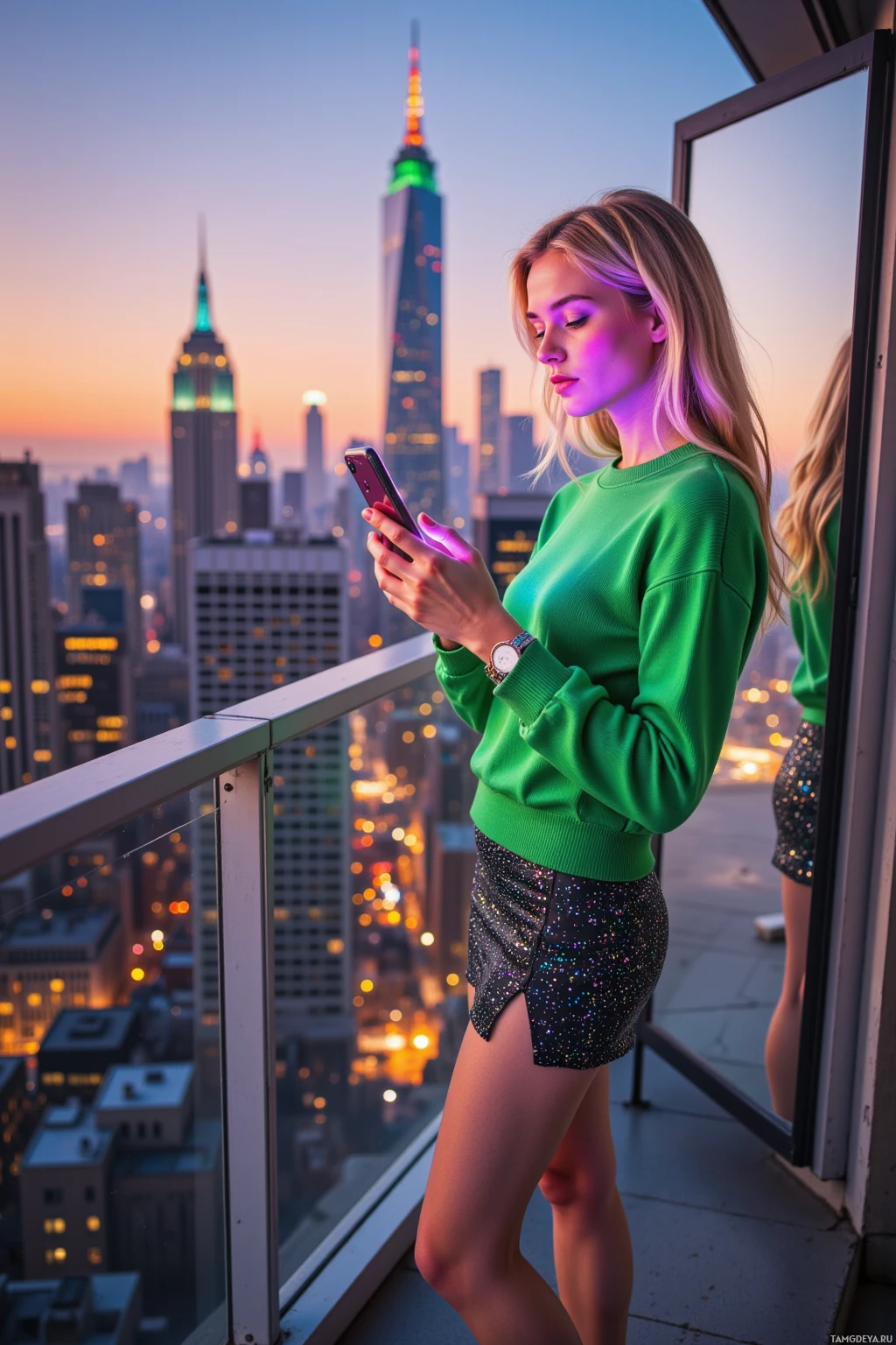 A woman in a green sweater stands on a balcony overlooking a cityscape at dusk.