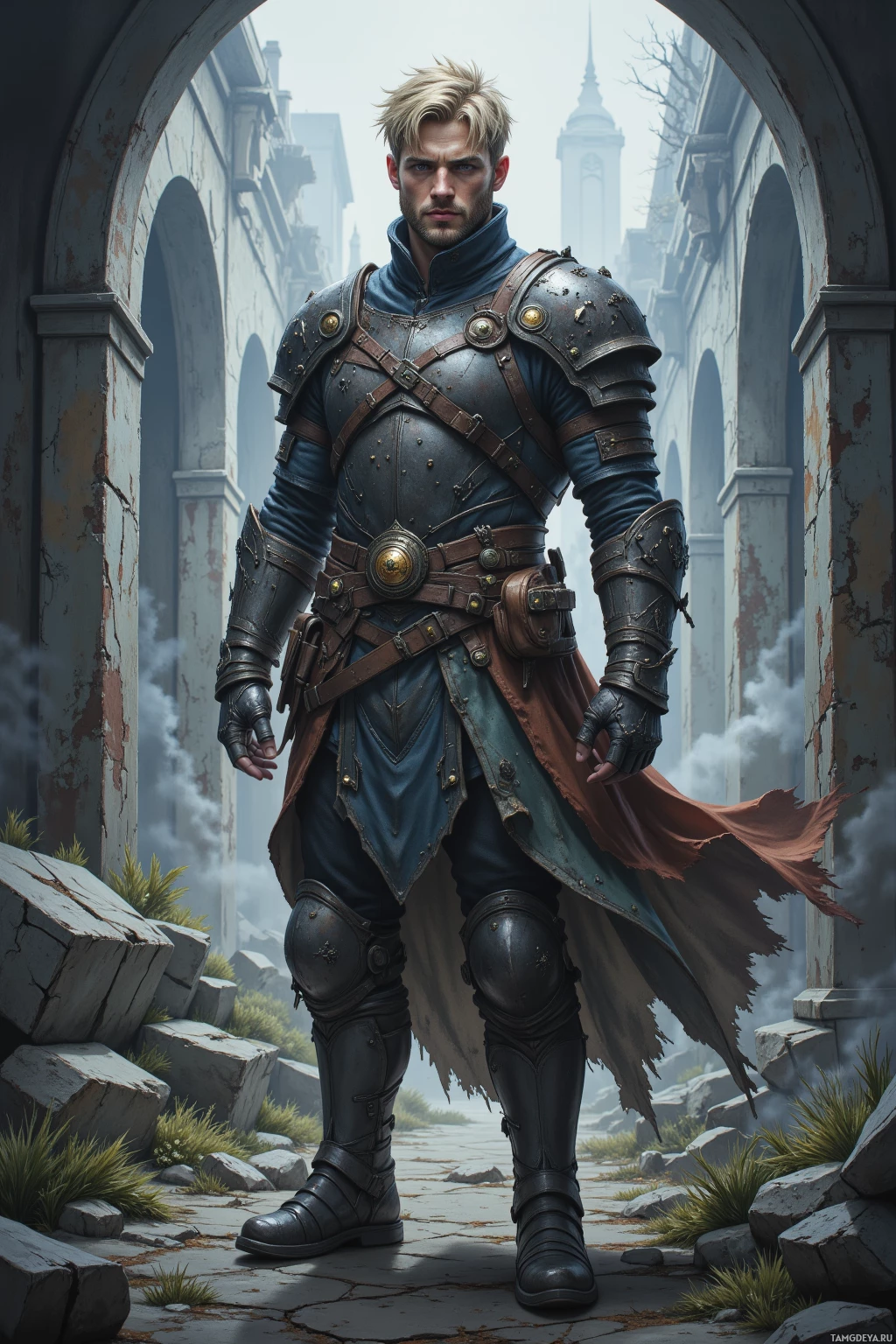 A knight in detailed armor stands in an archway amidst ruins.