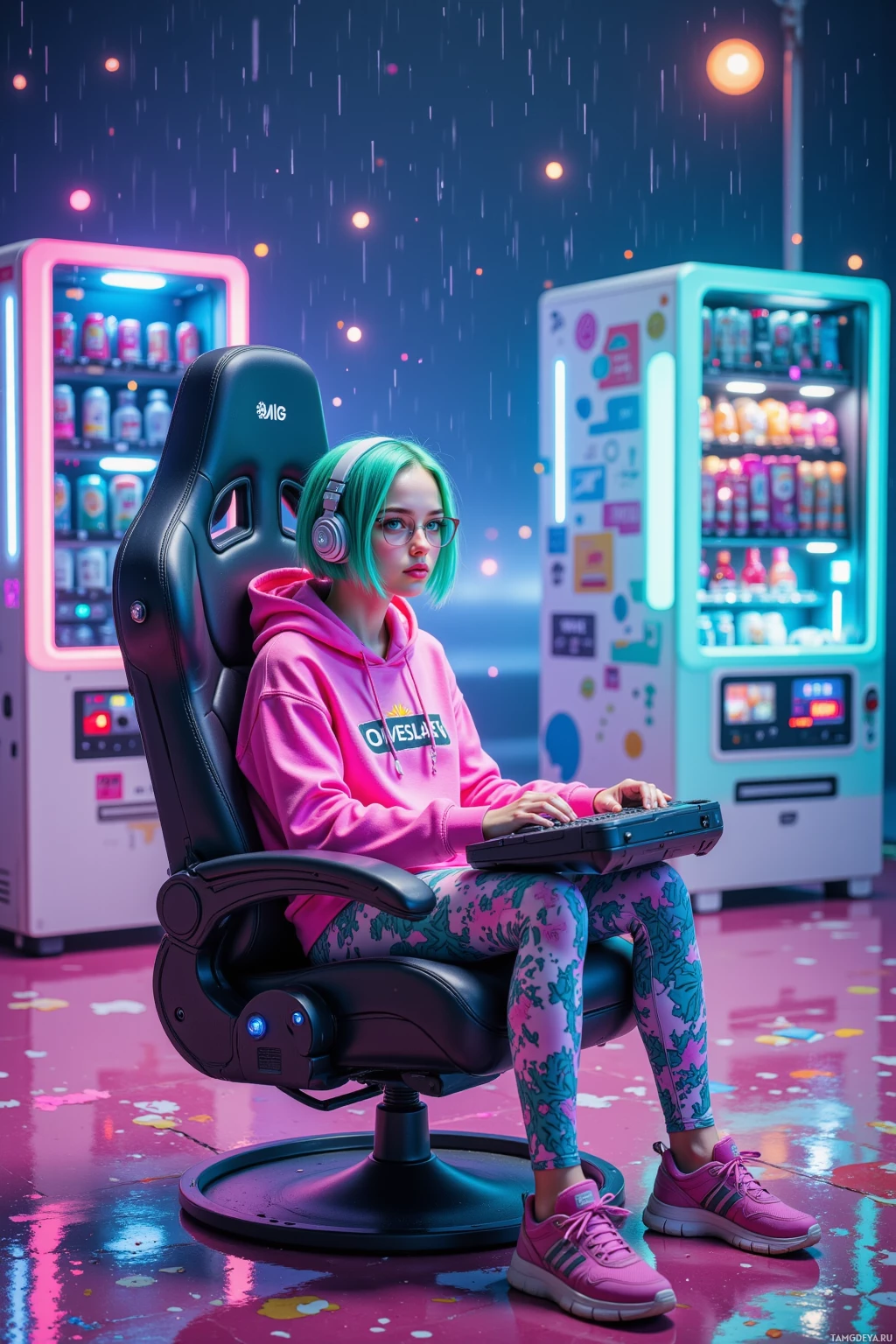A person in a pink hoodie sits in a gaming chair, wearing headphones, with neon-lit vending machines in the background.