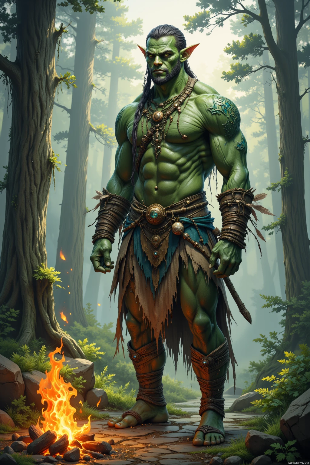 A muscular green-skinned character with pointed ears stands in a forest, adorned with intricate jewelry and a tribal outfit, near a campfire.