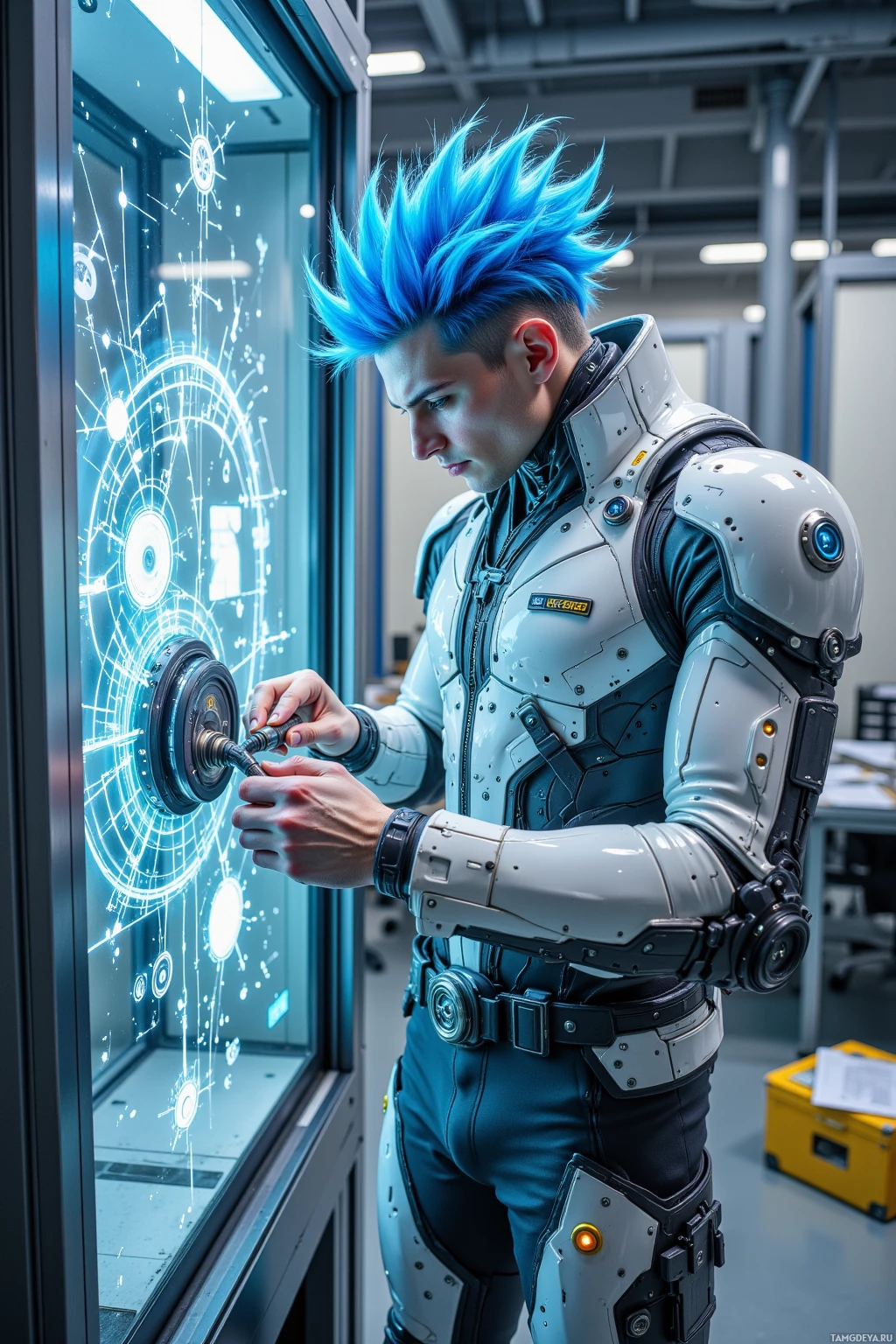 A person in futuristic attire interacts with a high-tech interface.