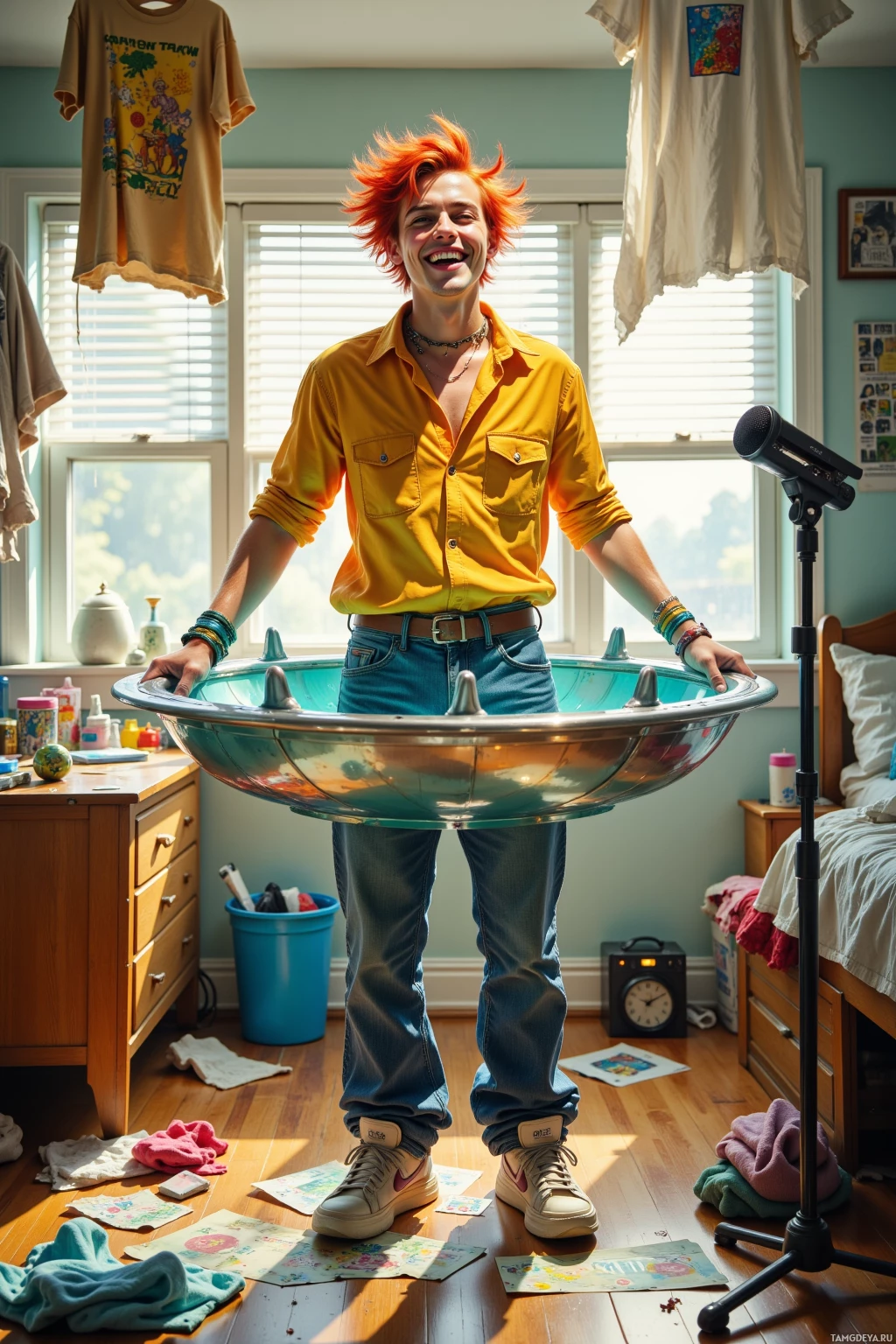 A person with bright orange hair stands in a room holding a large, reflective bowl, surrounded by various household items and a microphone.