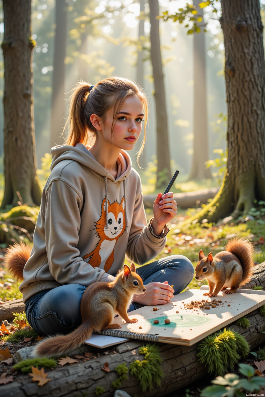 A person in a hoodie with a squirrel design sits in a forest, surrounded by sunlight and small squirrels.