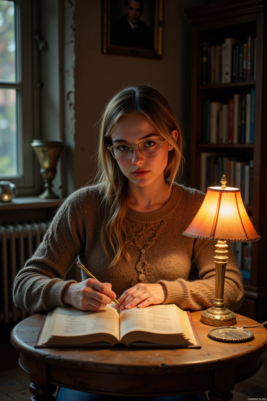 A young woman sits at a table, writing in a book under the light of a lamp.