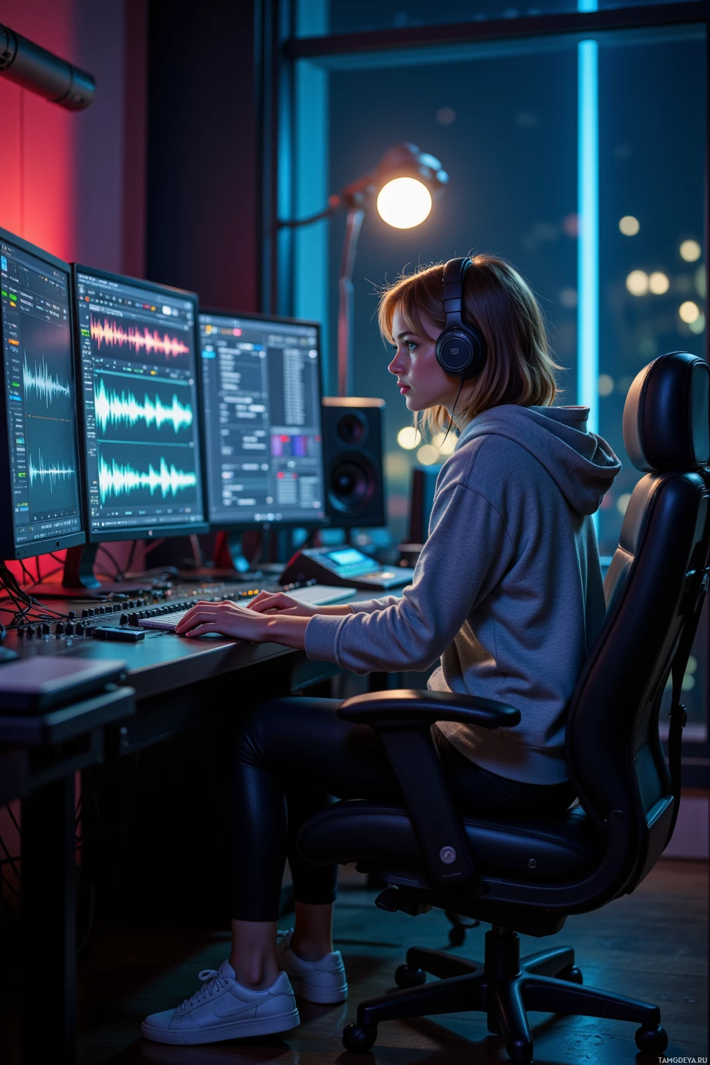 A person is working at a computer in a dimly lit room with multiple monitors displaying audio editing software.
