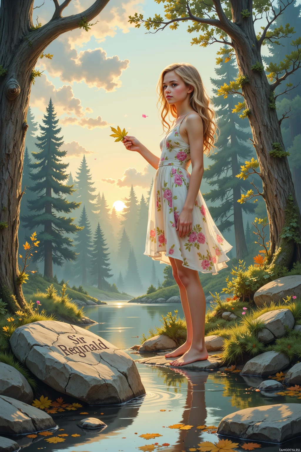 A woman in a floral dress stands by a serene river in a forest at sunset.