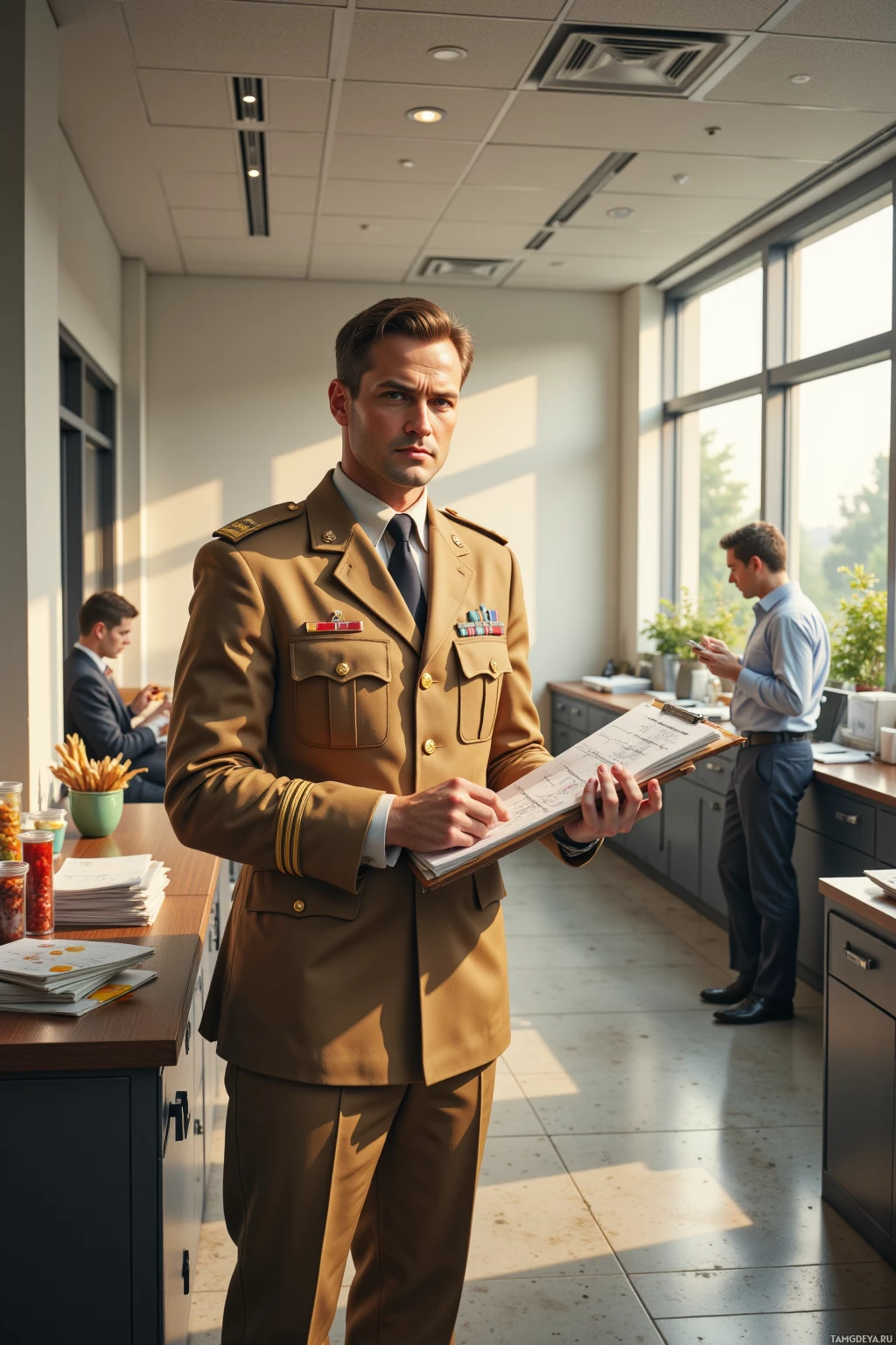 A man in a military uniform stands in an office, holding a clipboard.