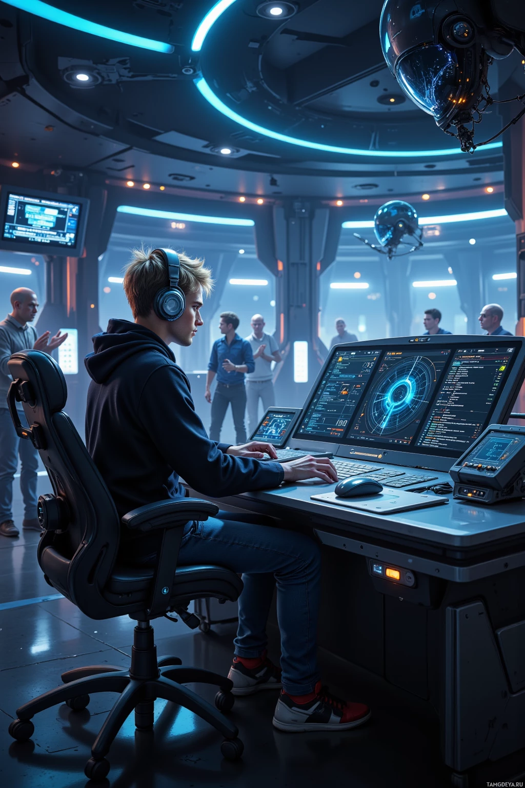 A person wearing headphones works at a futuristic control panel in a high-tech environment.