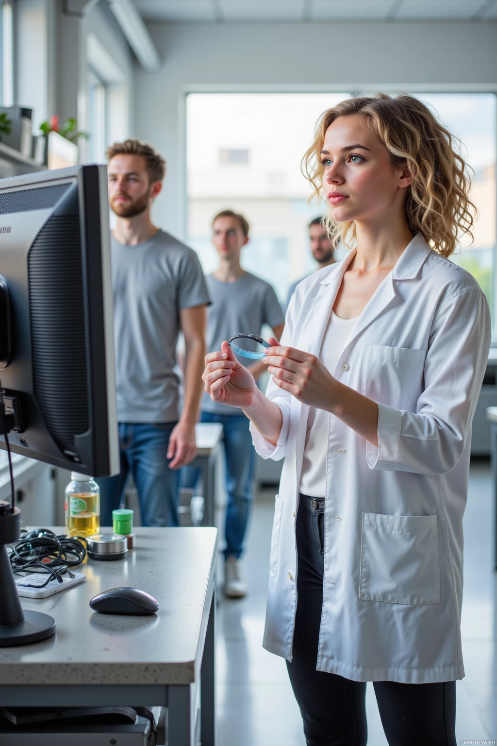 A woman in a lab coat examines a small object while others observe in a laboratory setting.