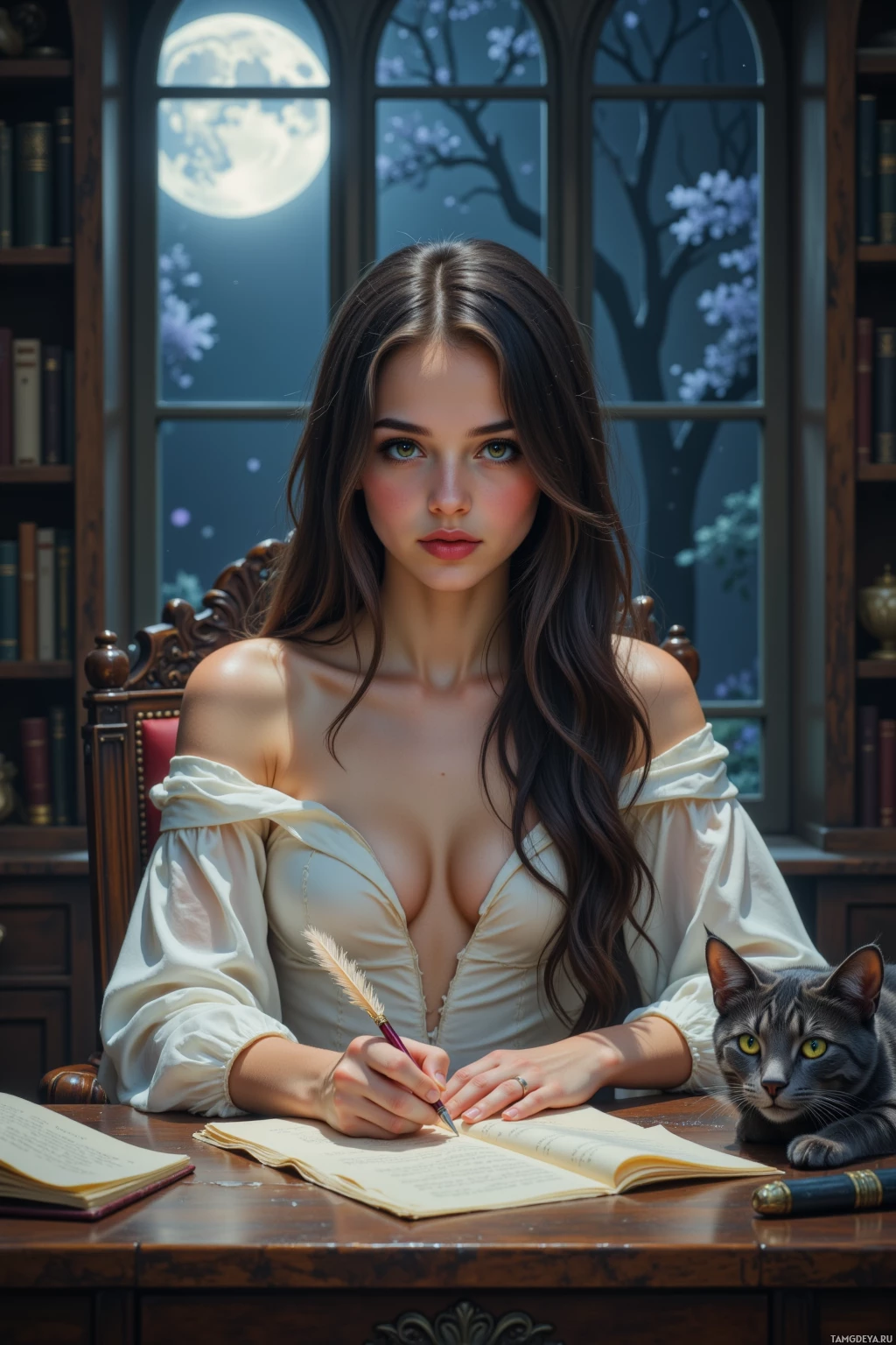 A woman sits at a desk, writing in a book with a quill, accompanied by a cat.