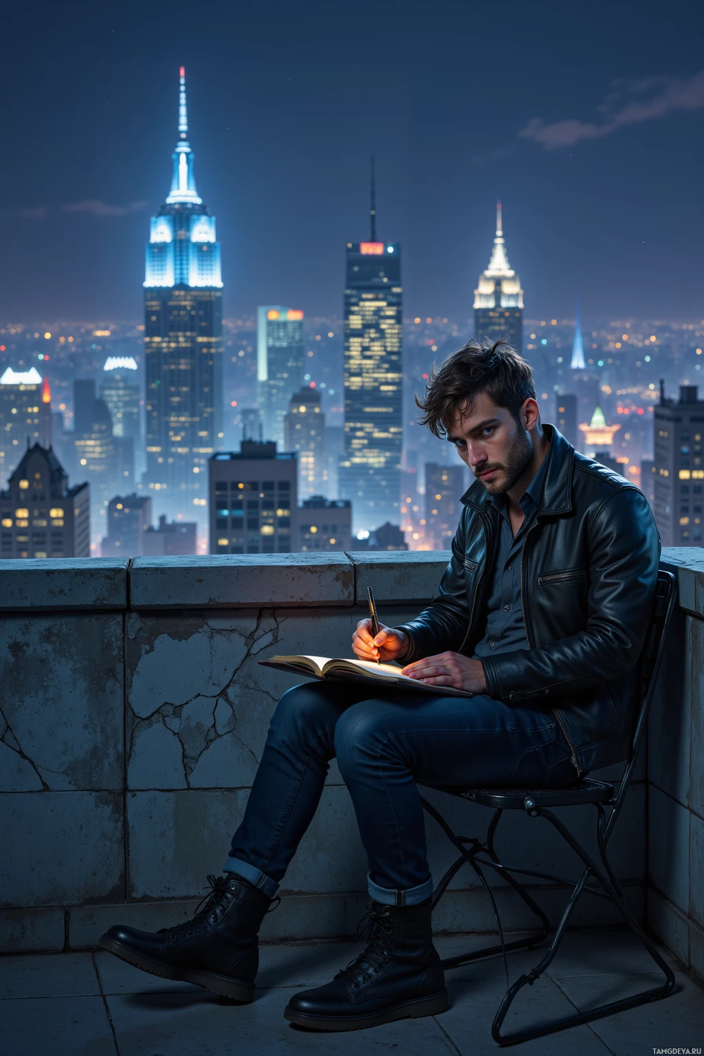 A man sits on a rooftop at night, writing in a notebook with a city skyline in the background.