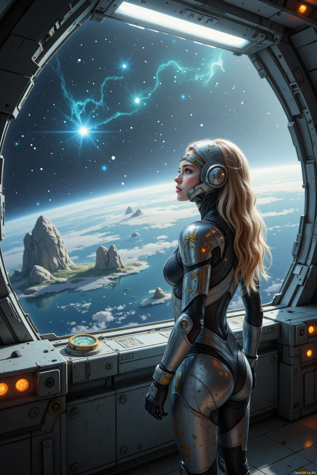 A futuristic woman in armor stands at a spaceship window, gazing at a distant planet and starry sky.