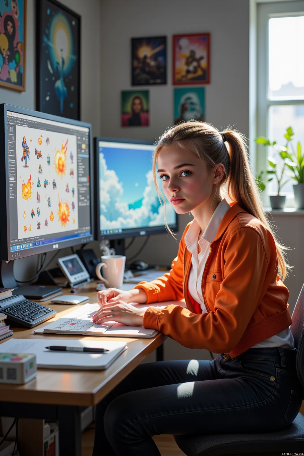 A person sits at a desk with two computer monitors, one displaying a design software interface.