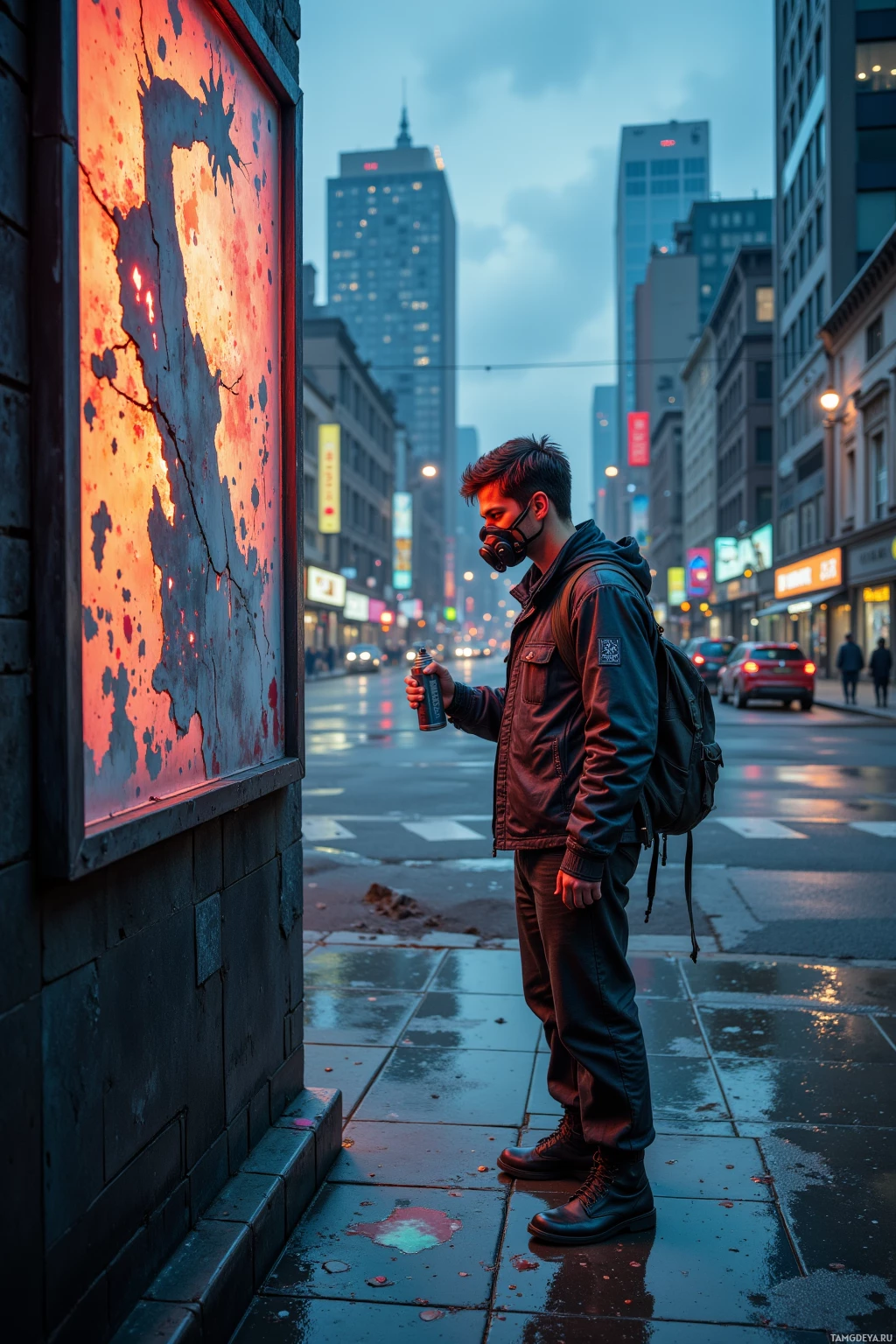 A person wearing a mask and carrying a backpack stands on a wet sidewalk, holding a spray can, with a cityscape and a large, colorful poster in the background.
