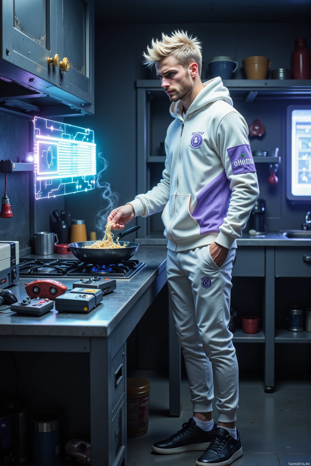 A person in a hoodie cooking noodles in a kitchen.
