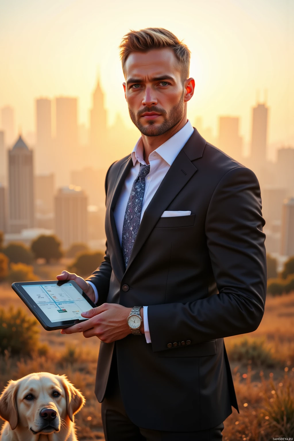 A man in a suit holds a tablet, with a dog and a cityscape in the background.