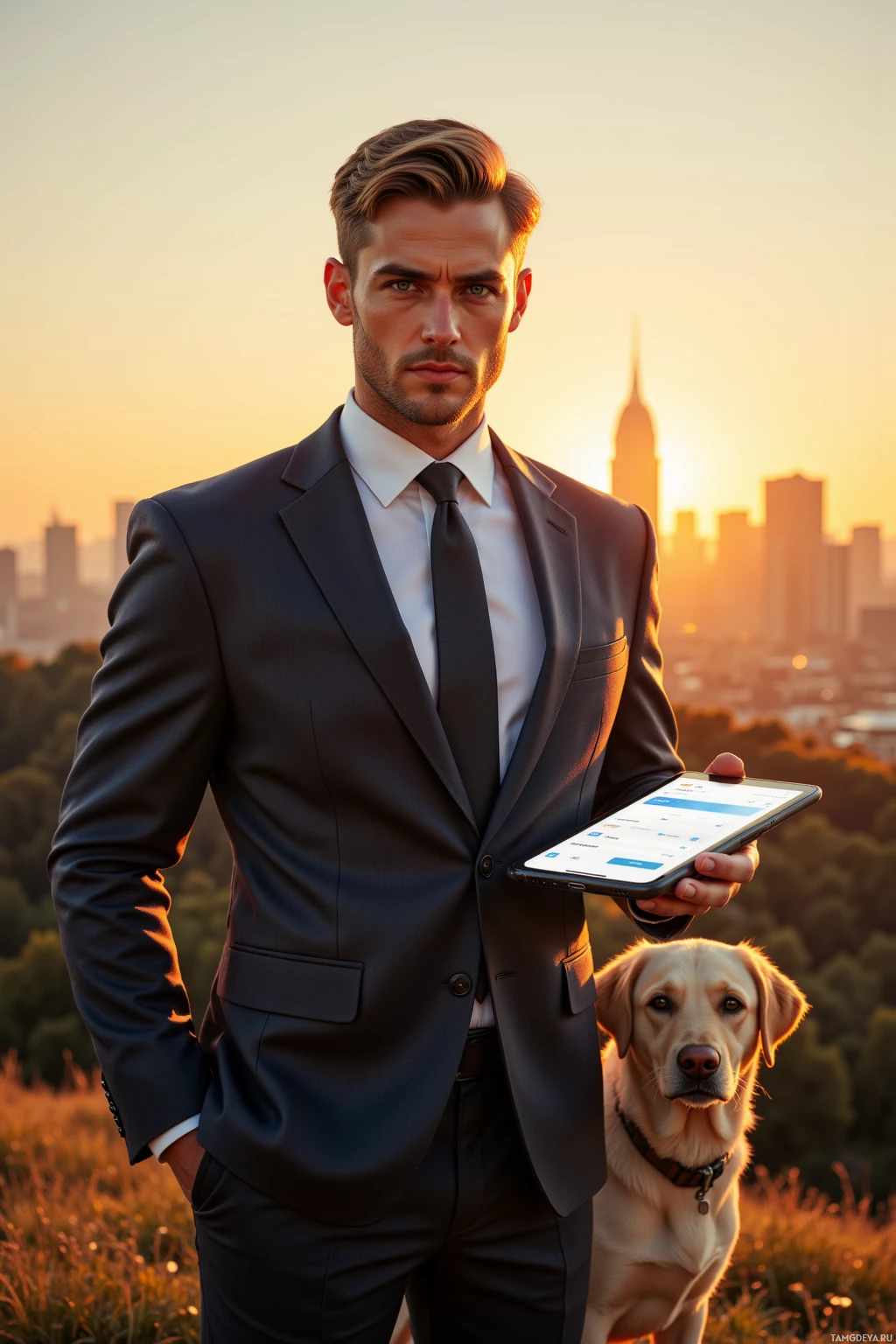 A man in a suit holds a tablet, standing outdoors with a dog and a cityscape in the background.