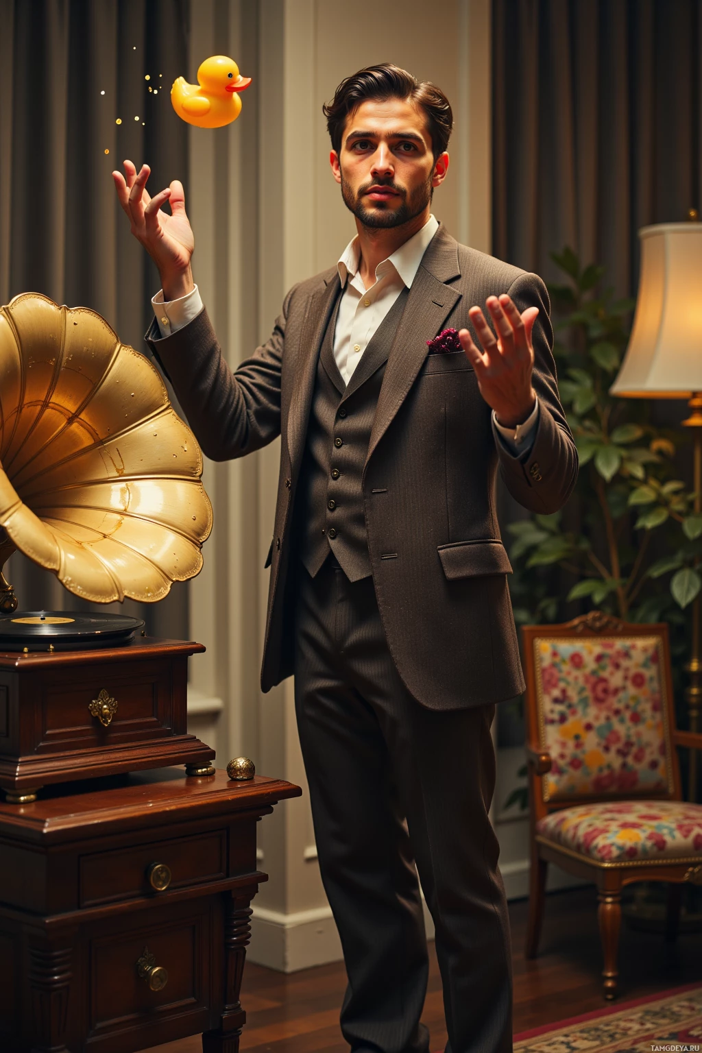 A man in a suit stands in a vintage setting with a gramophone and a rubber duck floating nearby.
