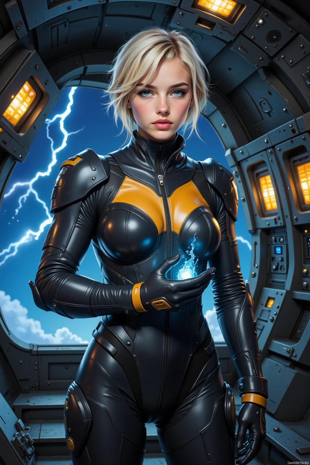 A futuristic character in a black and orange suit stands in a sci-fi environment.