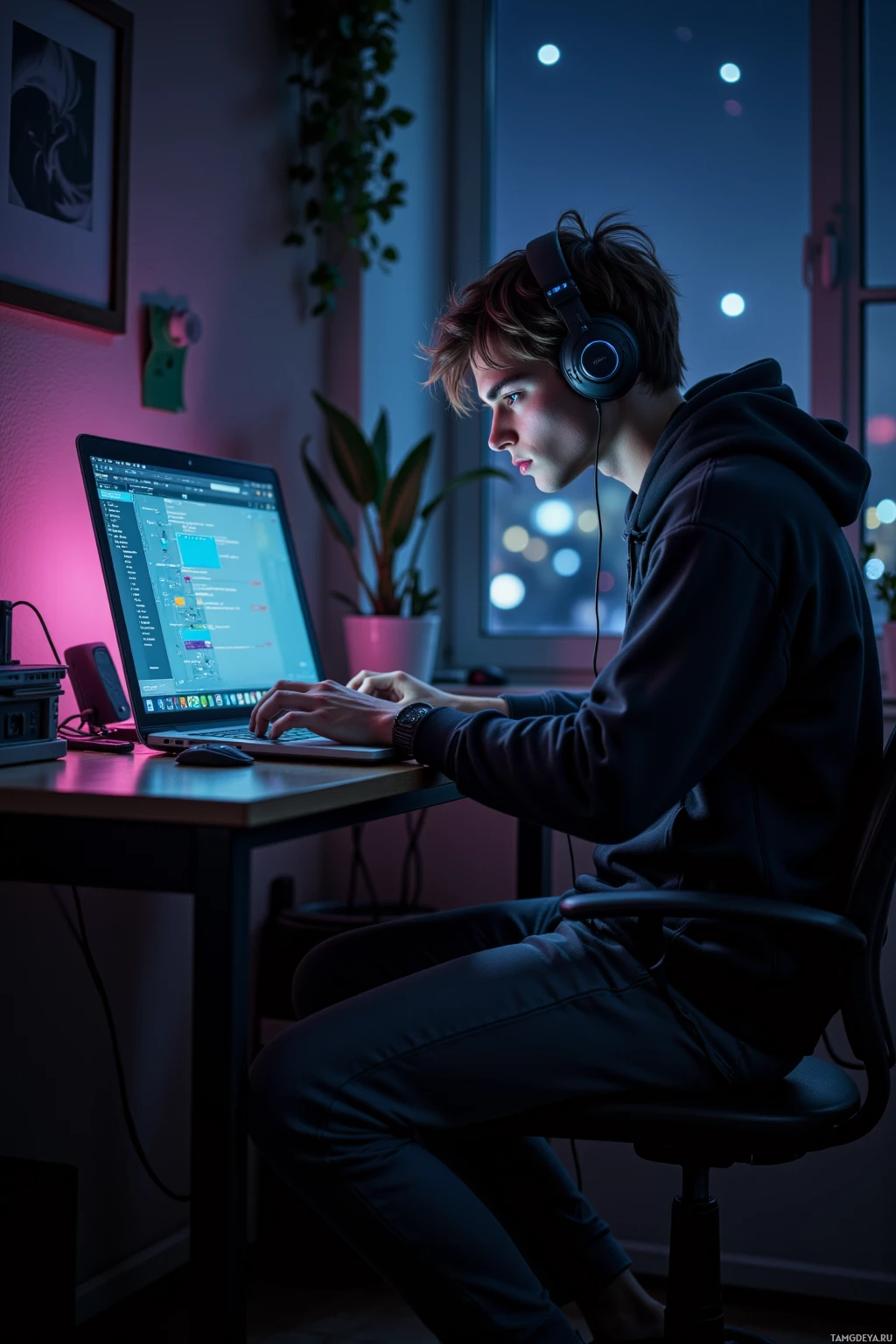 A person wearing headphones works on a laptop in a dimly lit room with a window showing city lights.