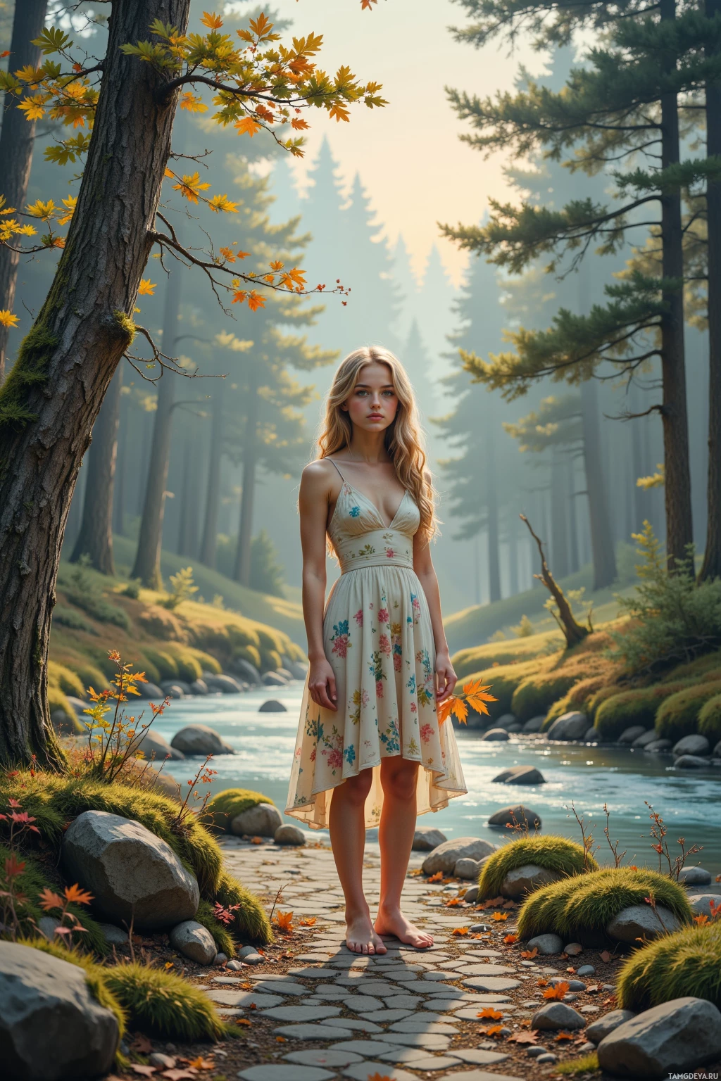 A woman stands barefoot on a stone path in a serene forest setting with a river and autumn foliage.
