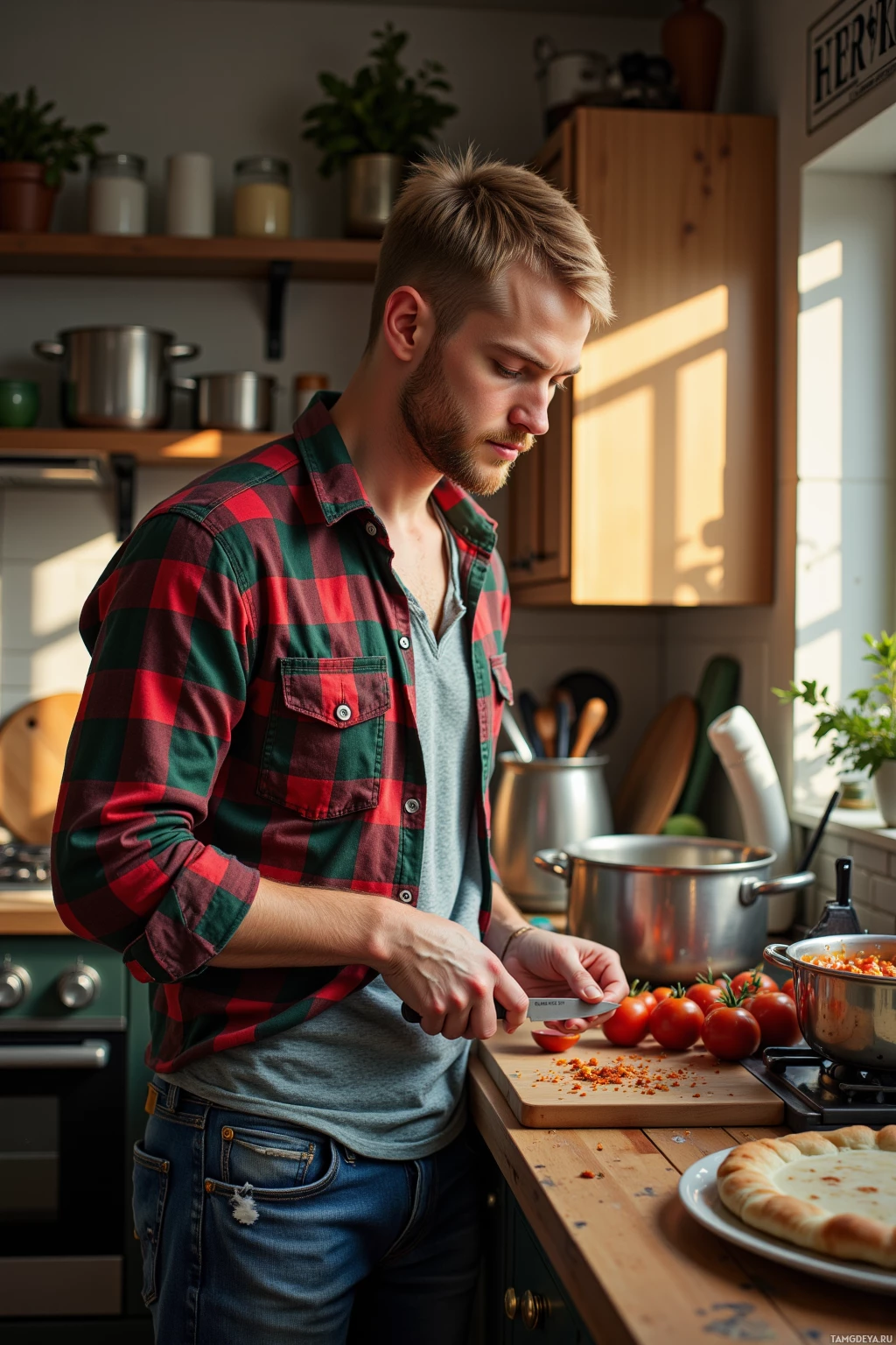 A man in a plaid shirt is preparing food in a kitchen.