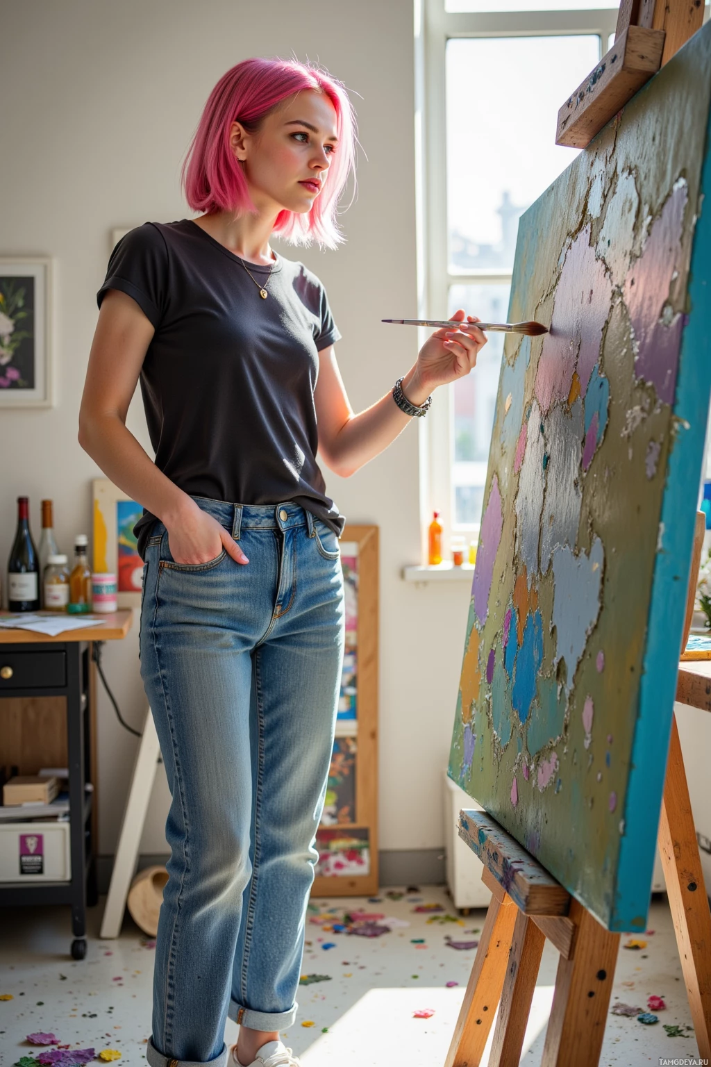 A person with pink hair paints on a canvas in a well-lit studio.