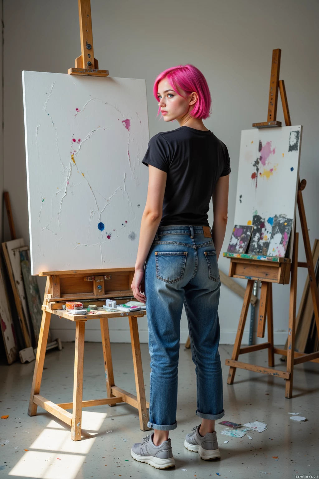 A person with pink hair stands in an art studio, facing away from the camera, with an easel and paint splatters visible.