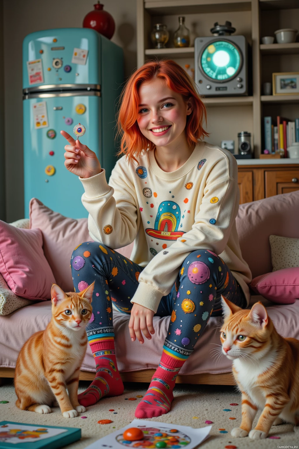 A person with red hair sits on a couch, wearing colorful pajamas and holding a small object, with a cat sitting nearby.