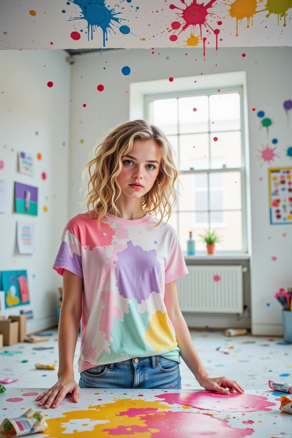 A person stands in a room with colorful paint splatters on the walls and floor, wearing a tie-dye shirt and jeans.