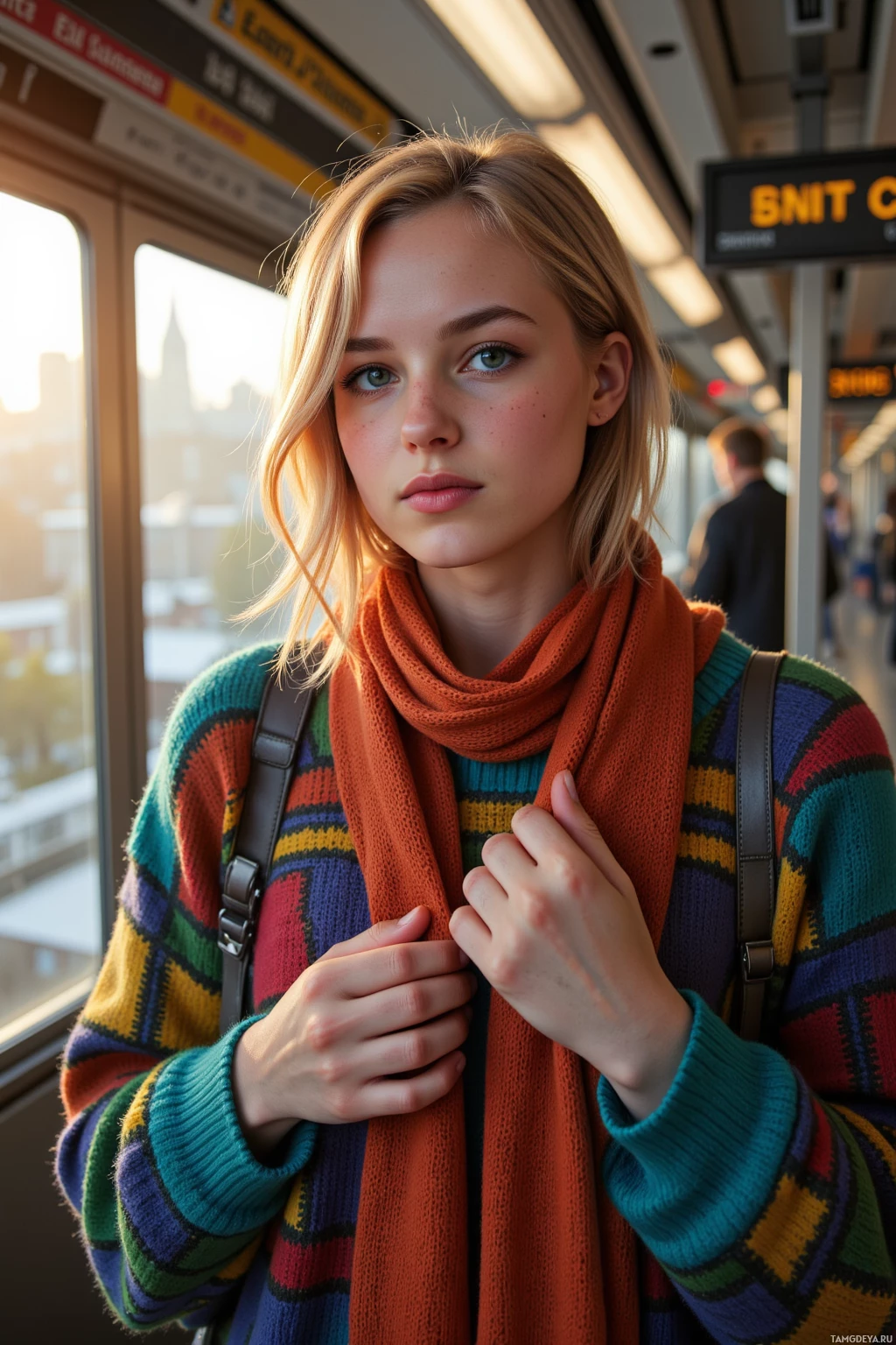 A person wearing a colorful striped sweater and an orange scarf stands on a train platform.