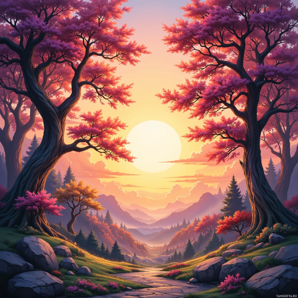 A serene landscape with vibrant pink cherry blossoms and a setting sun casting warm hues over rolling hills and distant mountains.