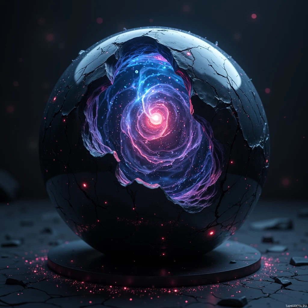 A cracked, glowing sphere with a swirling, cosmic interior.
