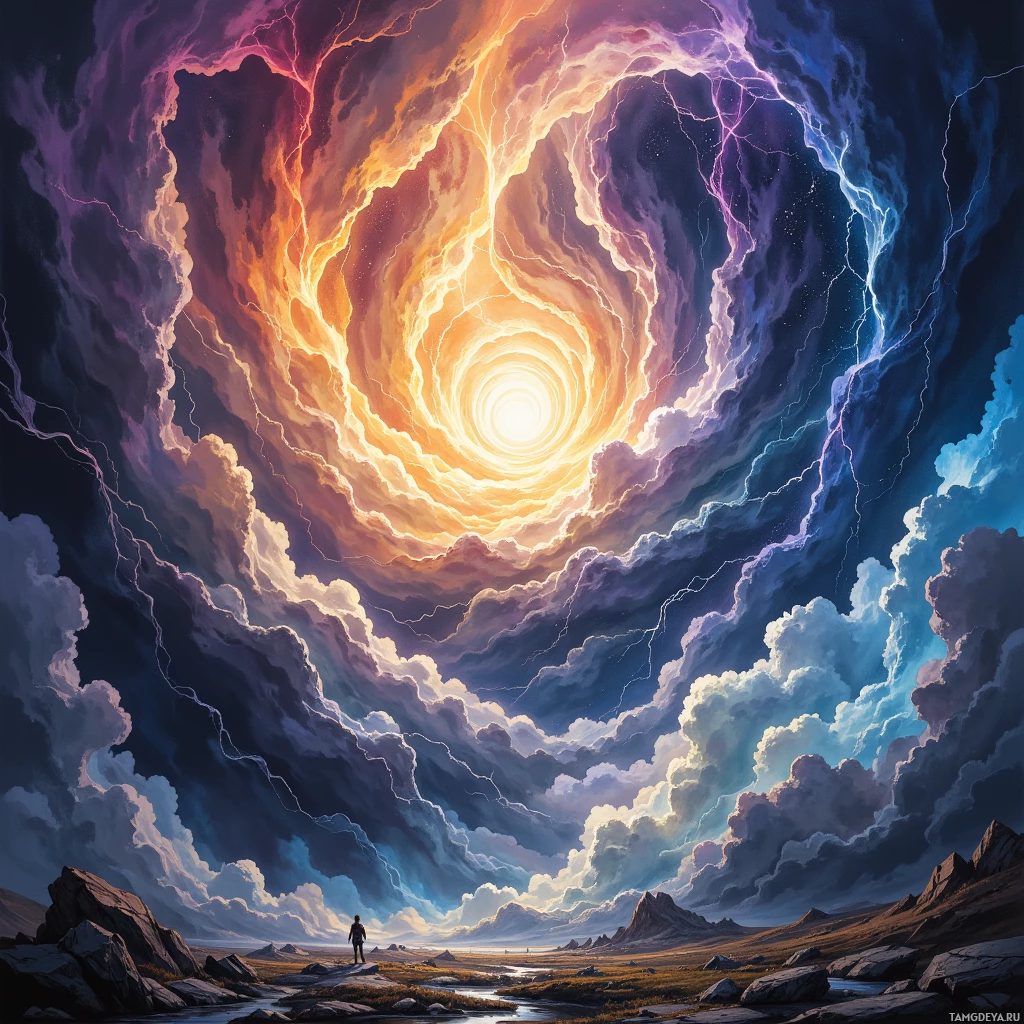 A vibrant, swirling vortex of light and color dominates the sky, casting a dramatic glow over a rugged landscape with a lone figure standing on a rock.