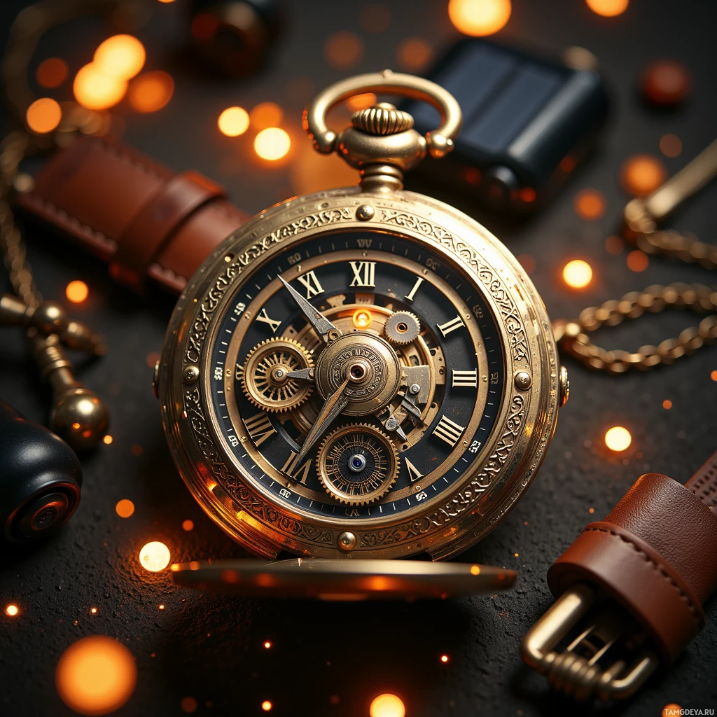 A close-up view of an ornate pocket watch with Roman numerals and intricate gears against a dark background illuminated by warm lights.