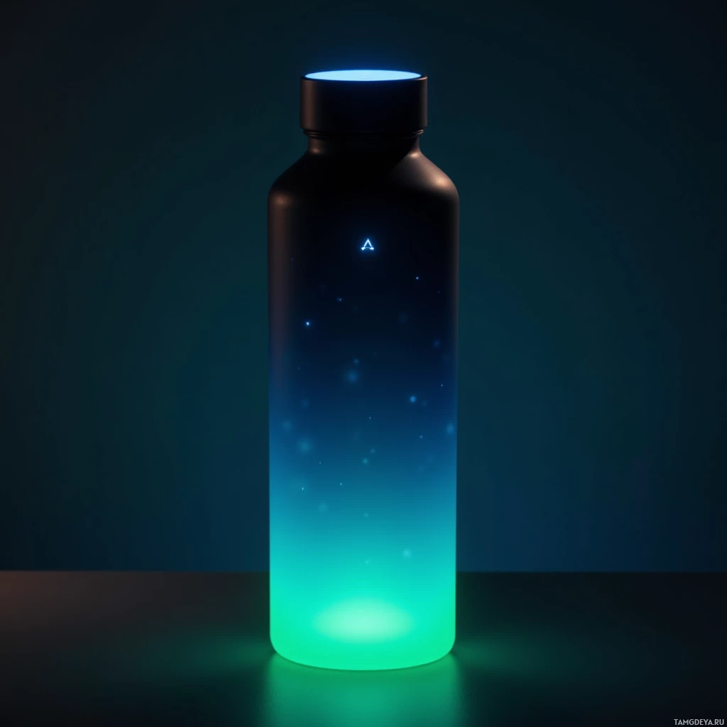 A glowing bottle with a blue light at the top and a green glow at the bottom.