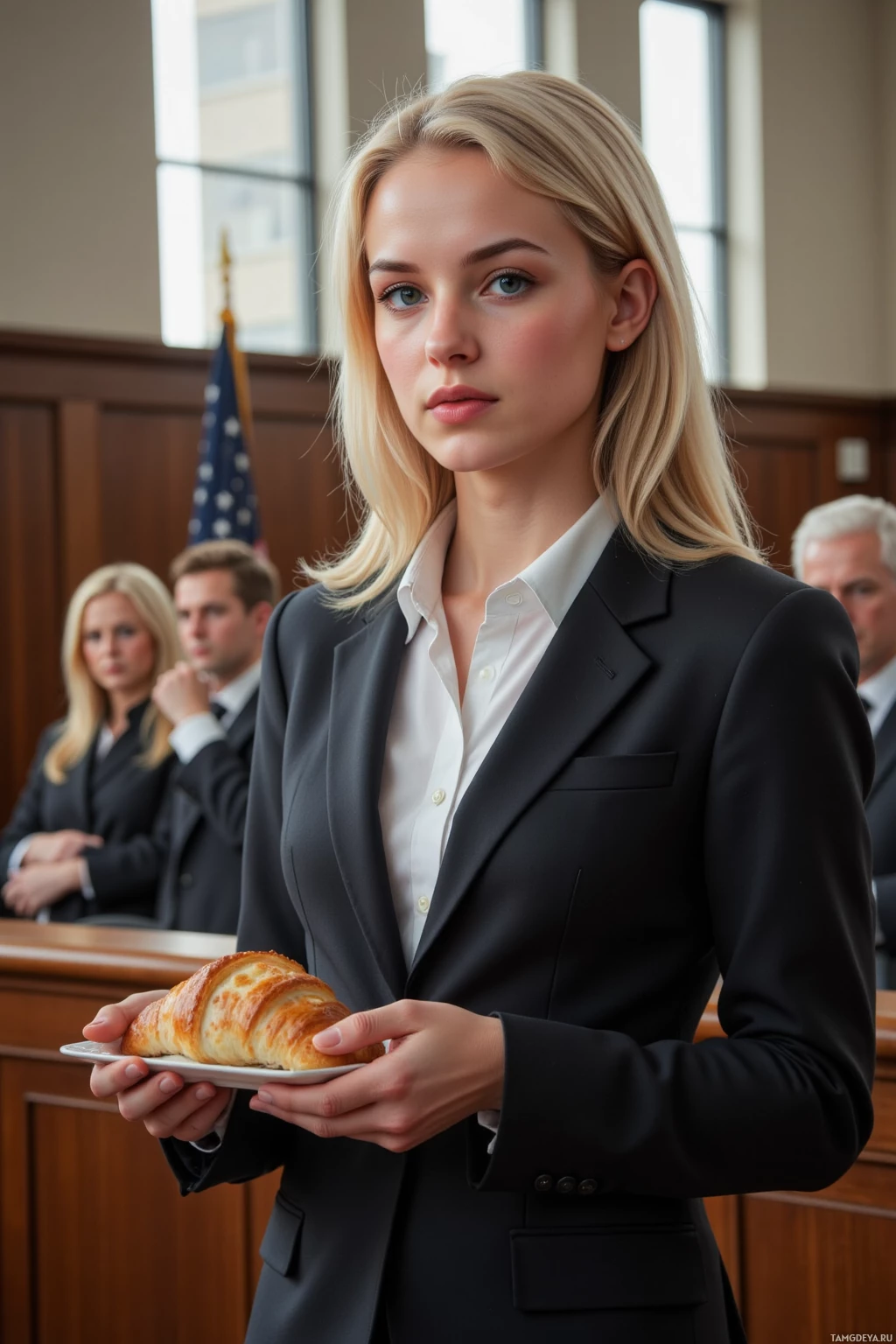 A woman in a suit holds a plate with a croissant in a courtroom setting.