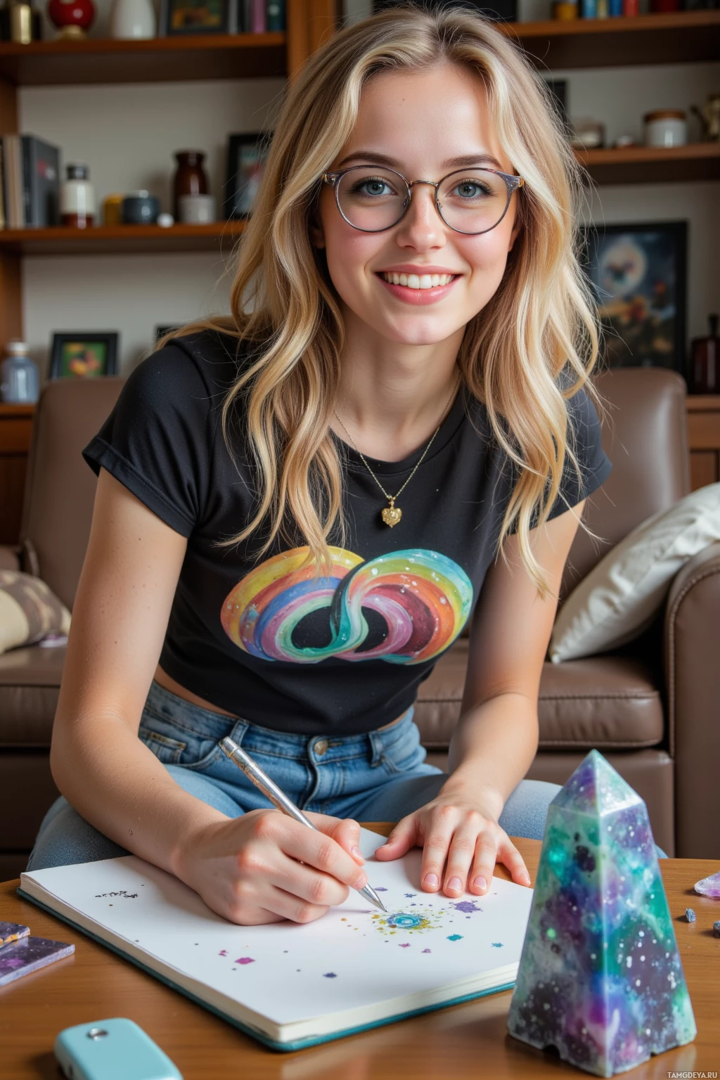 A person wearing glasses and a black t-shirt with colorful swirls is sitting at a table, drawing in a notebook next to a pyramid-shaped object.